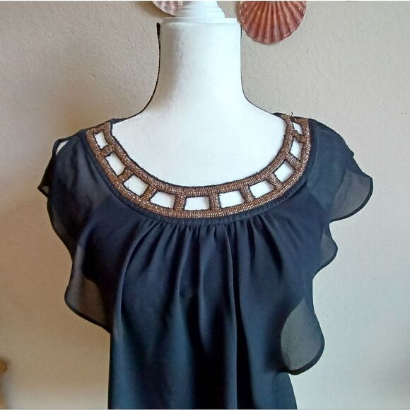 BCX Stretch blouse with bronze Beaded Embroidered collar - Picture 2 of 12